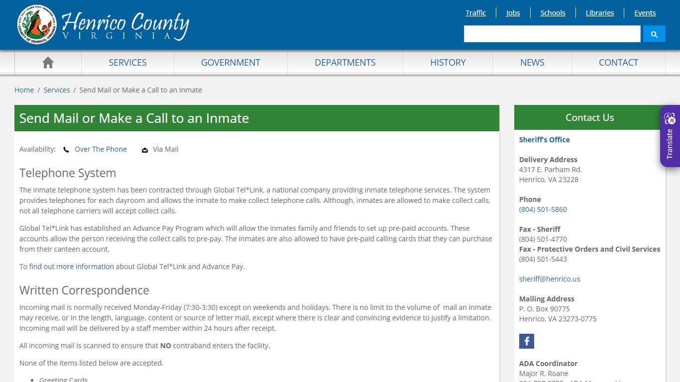 Send Mail or Make a Call to an Inmate - Henrico County, Virginia