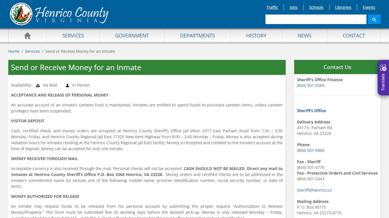 Send or Receive Money for an Inmate - Henrico County, Virginia